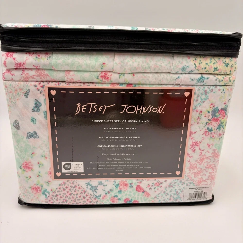 Betsey Johnson California King 6 Piece Sheet Set Mermaid Patchwork Blue Floral